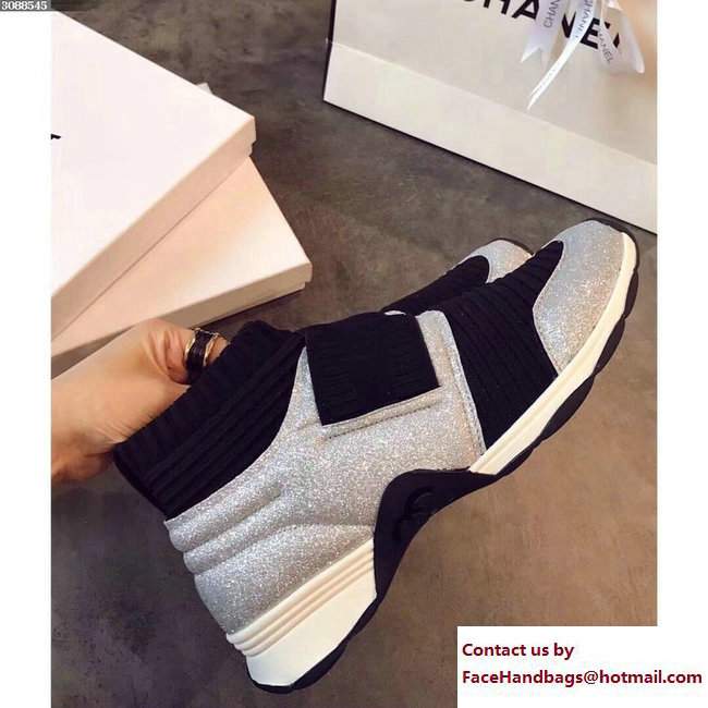 Chanel Stretch and Glittered Fabric Sneakers G33070 Silver/Black Spring 2018