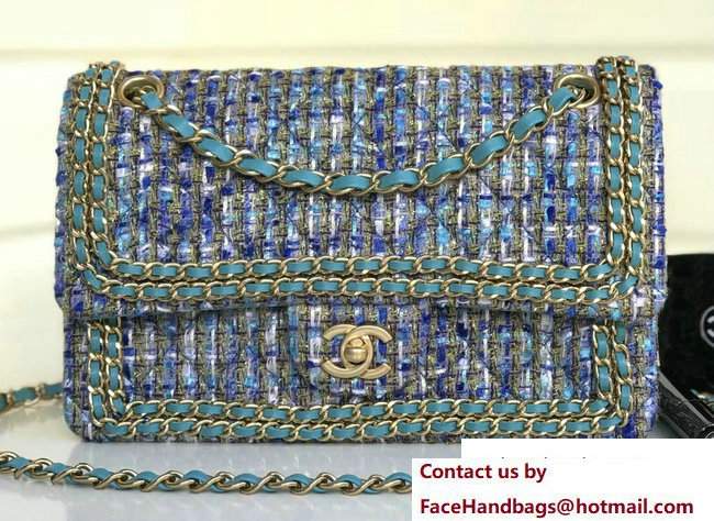 Chanel Tweed Classic Flap Bag A1112 Chain Around Turquoise 2018