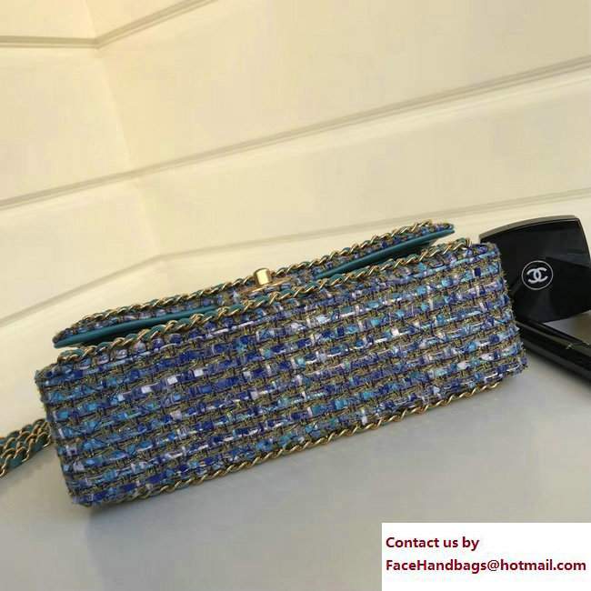 Chanel Tweed Classic Flap Bag A1112 Chain Around Turquoise 2018 - Click Image to Close