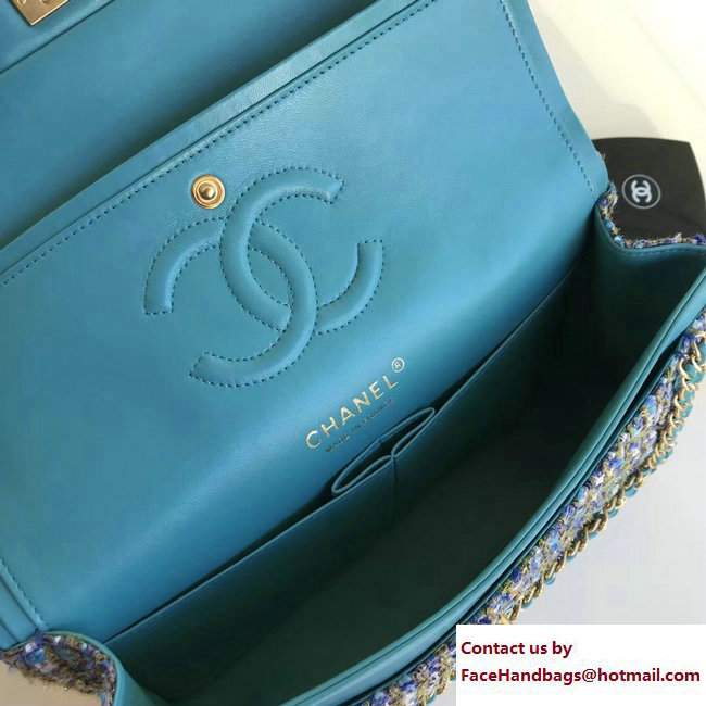 Chanel Tweed Classic Flap Bag A1112 Chain Around Turquoise 2018 - Click Image to Close