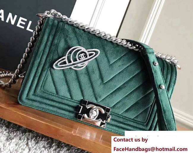 Chanel Velvet Boy Flap Medium Bag With Strass Planet Brooch Green 2017 - Click Image to Close
