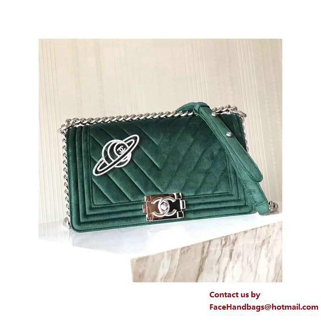 Chanel Velvet Boy Flap Medium Bag With Strass Planet Brooch Green 2017 - Click Image to Close