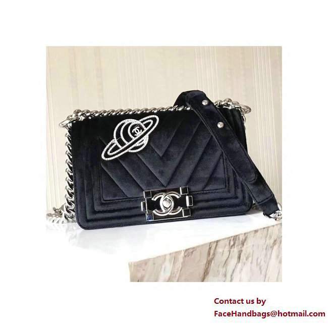 Chanel Velvet Boy Flap Small Bag With Strass Planet Brooch Black 2017