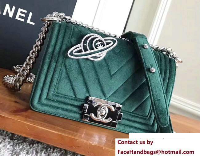 Chanel Velvet Boy Flap Small Bag With Strass Planet Brooch Green 2017