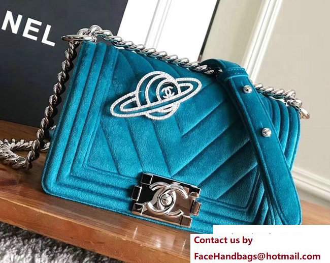 Chanel Velvet Boy Flap Small Bag With Strass Planet Brooch Turquoise 2017 - Click Image to Close