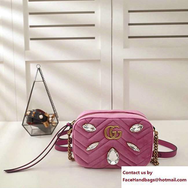 Gucci Crystals GG Marmont Chevron Velvet Mini Camera Bag 448065 Pink 2017