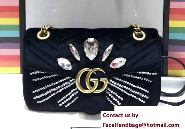 Gucci Crystals GG Marmont Velvet Small Chain Shoulder Bag 443497 Black 2017