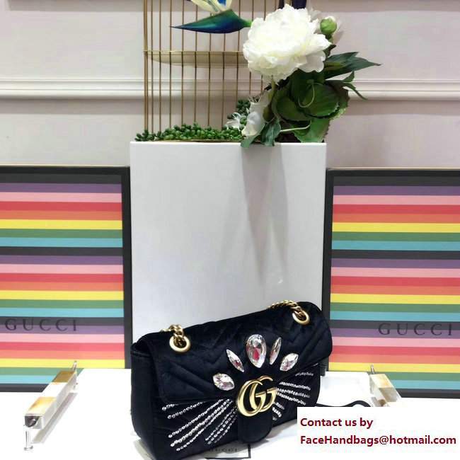Gucci Crystals GG Marmont Velvet Small Chain Shoulder Bag 443497 Black 2017 - Click Image to Close