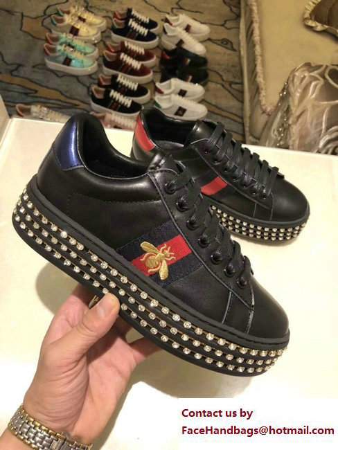 Gucci Crystals Platform Web Ace Sneakers 505995 Bee Black 2017 - Click Image to Close