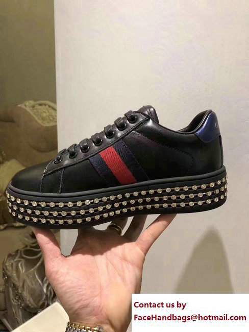Gucci Crystals Platform Web Ace Sneakers 505995 Bee Black 2017 - Click Image to Close