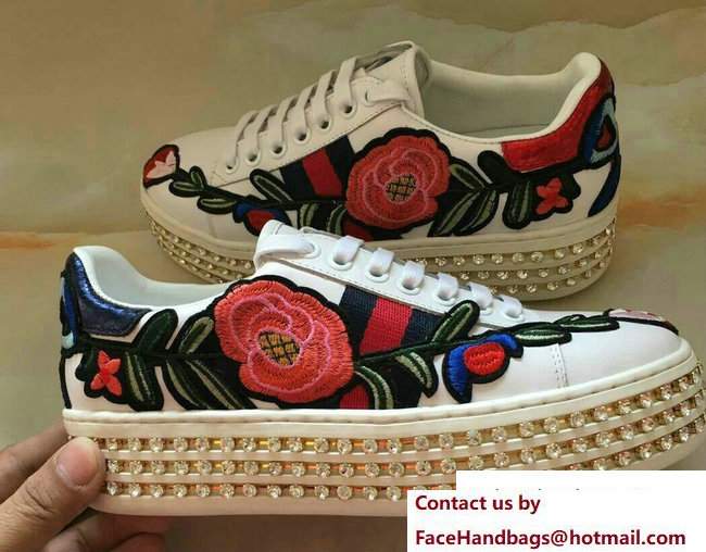 Gucci Crystals Platform Web Ace Sneakers 505995 Flower White 2017