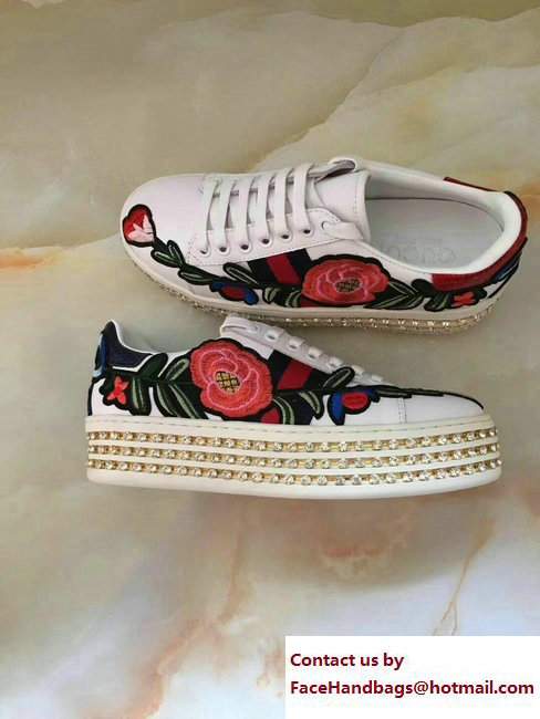 Gucci Crystals Platform Web Ace Sneakers 505995 Flower White 2017
