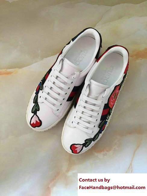 Gucci Crystals Platform Web Ace Sneakers 505995 Flower White 2017 - Click Image to Close