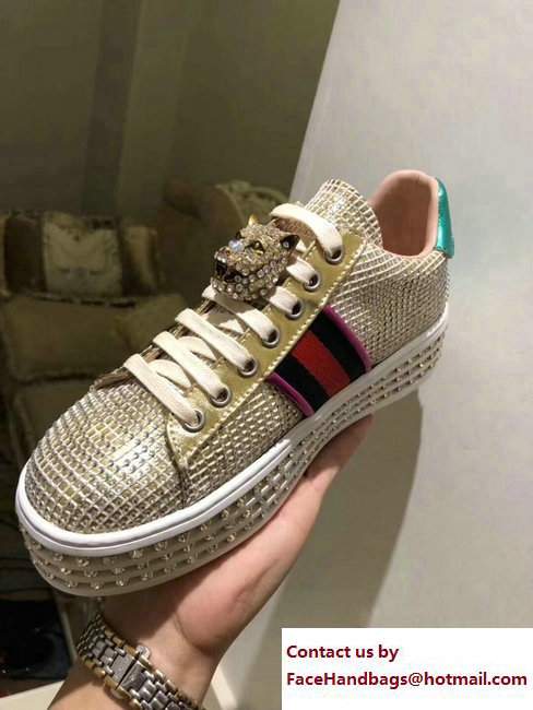 Gucci Crystals Platform Web Ace Sneakers 505995 Grid Gold 2017