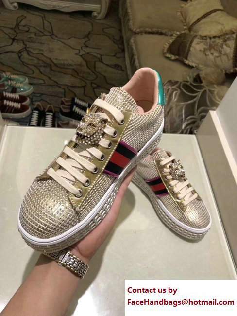 Gucci Crystals Platform Web Ace Sneakers 505995 Grid Gold 2017 - Click Image to Close