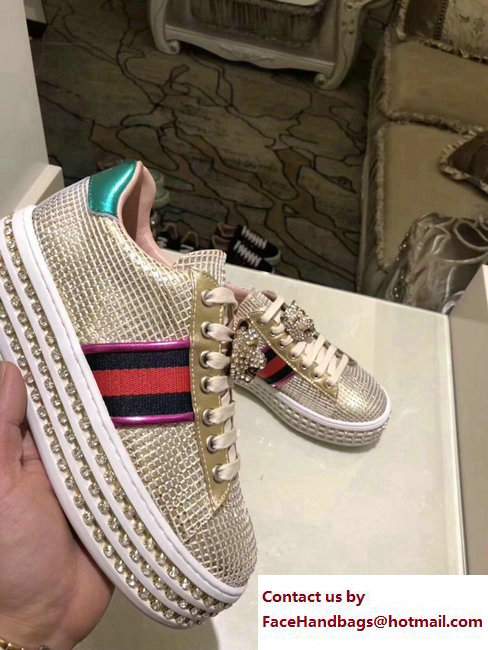 Gucci Crystals Platform Web Ace Sneakers 505995 Grid Gold 2017 - Click Image to Close
