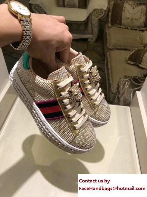Gucci Crystals Platform Web Ace Sneakers 505995 Grid Gold 2017
