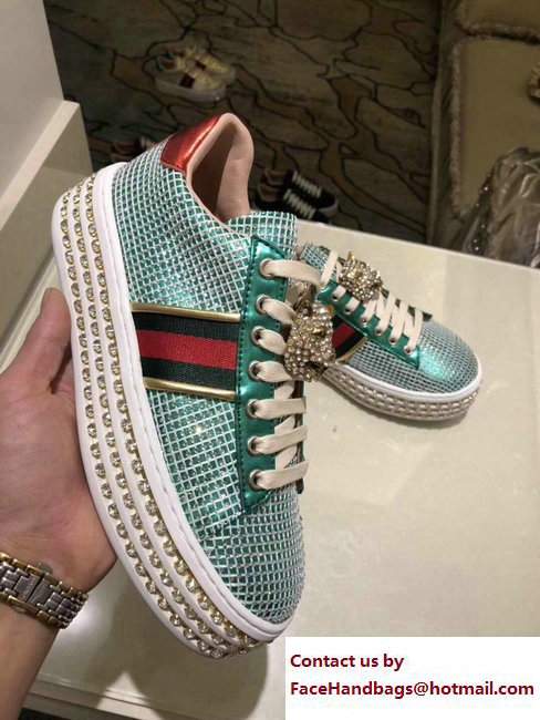 Gucci Crystals Platform Web Ace Sneakers 505995 Grid Green 2017 - Click Image to Close