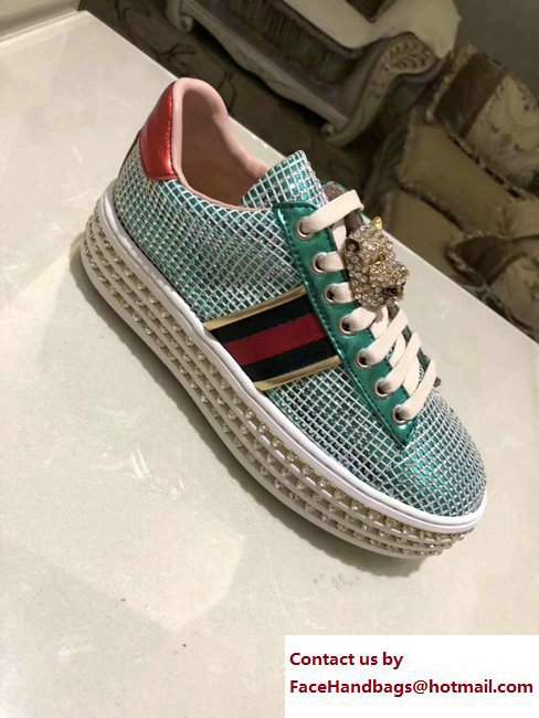 Gucci Crystals Platform Web Ace Sneakers 505995 Grid Green 2017