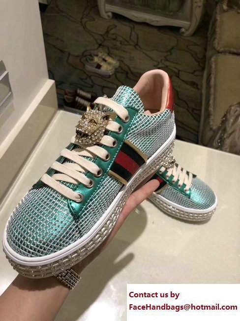 Gucci Crystals Platform Web Ace Sneakers 505995 Grid Green 2017 - Click Image to Close