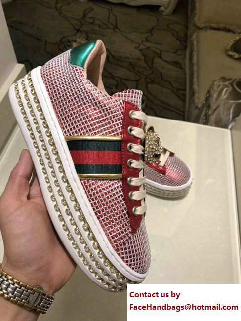 Gucci Crystals Platform Web Ace Sneakers 505995 Grid Pink 2017 - Click Image to Close