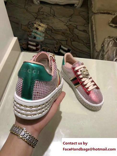 Gucci Crystals Platform Web Ace Sneakers 505995 Grid Pink 2017 - Click Image to Close