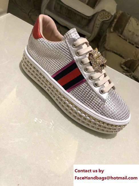 Gucci Crystals Platform Web Ace Sneakers 505995 Grid Silver 2017 - Click Image to Close