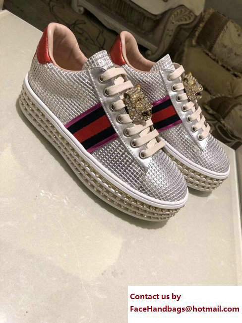 Gucci Crystals Platform Web Ace Sneakers 505995 Grid Silver 2017 - Click Image to Close