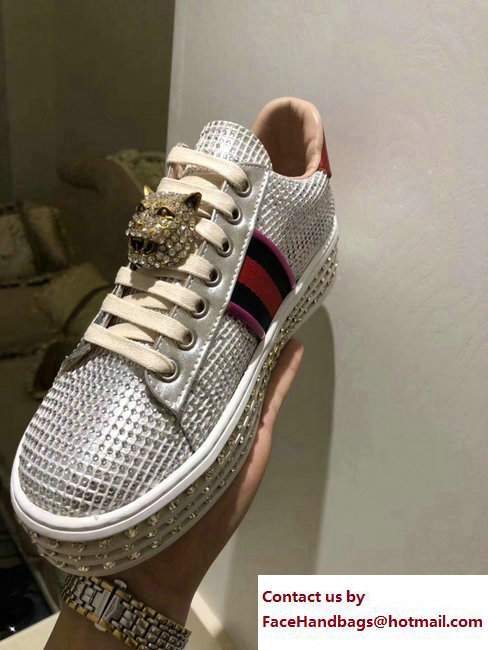 Gucci Crystals Platform Web Ace Sneakers 505995 Grid Silver 2017