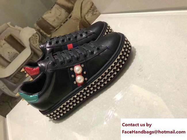 Gucci Crystals Platform Web Ace Sneakers 505995 Pearls Black 2017 - Click Image to Close