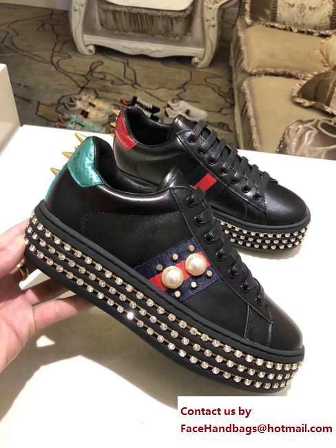 Gucci Crystals Platform Web Ace Sneakers 505995 Pearls Black 2017