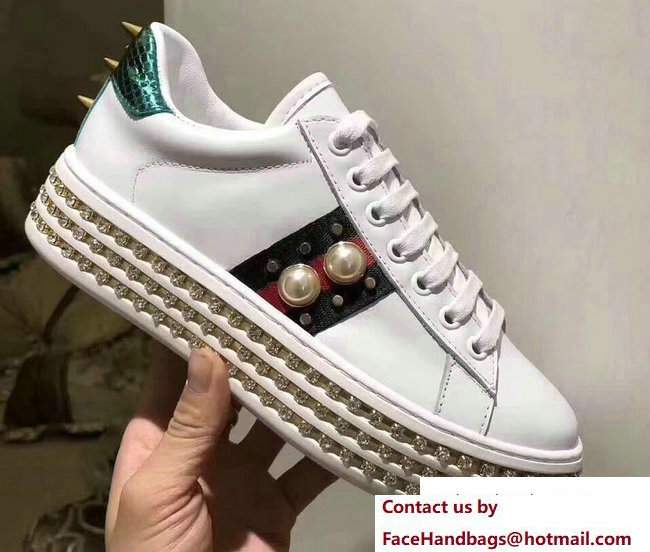 Gucci Crystals Platform Web Ace Sneakers 505995 Pearls White 2017 - Click Image to Close