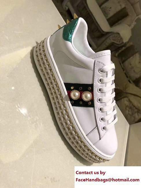 Gucci Crystals Platform Web Ace Sneakers 505995 Pearls White 2017