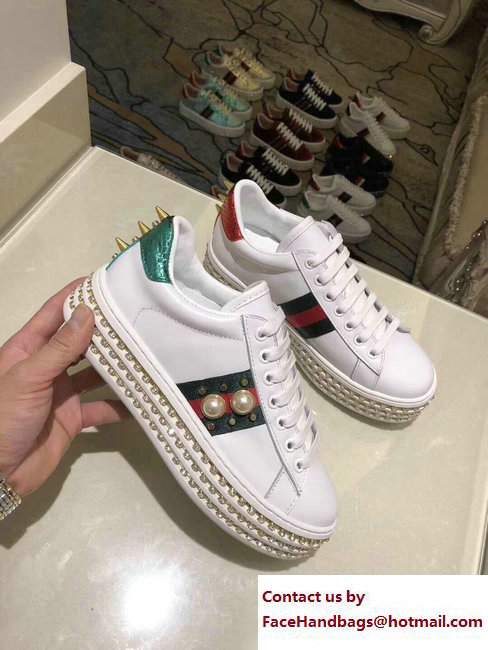 Gucci Crystals Platform Web Ace Sneakers 505995 Pearls White 2017