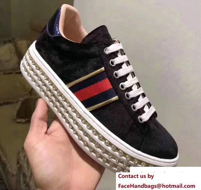 Gucci Crystals Platform Web Ace Sneakers 505995 Velvet Black 2017