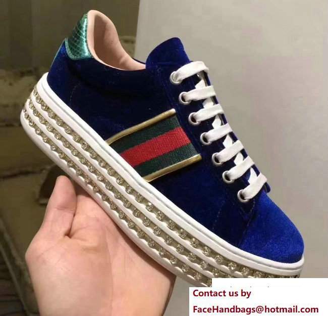 Gucci Crystals Platform Web Ace Sneakers 505995 Velvet Blue 2017