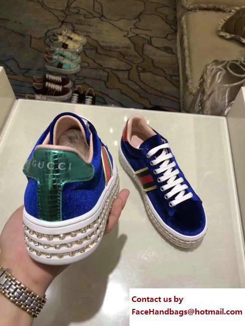 Gucci Crystals Platform Web Ace Sneakers 505995 Velvet Blue 2017 - Click Image to Close