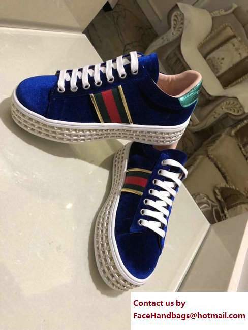 Gucci Crystals Platform Web Ace Sneakers 505995 Velvet Blue 2017 - Click Image to Close