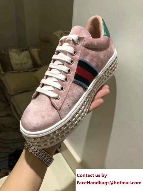 Gucci Crystals Platform Web Ace Sneakers 505995 Velvet Pink 2017