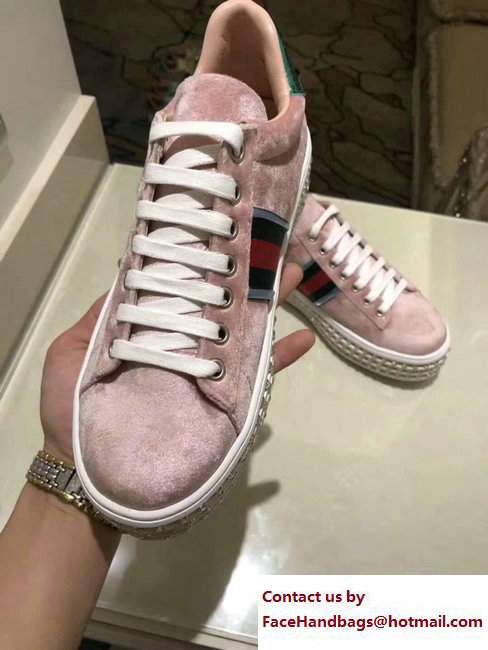 Gucci Crystals Platform Web Ace Sneakers 505995 Velvet Pink 2017 - Click Image to Close