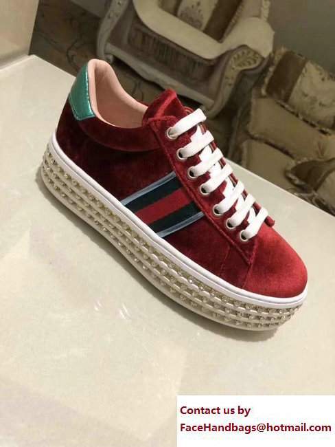 Gucci Crystals Platform Web Ace Sneakers 505995 Velvet Red 2017 - Click Image to Close