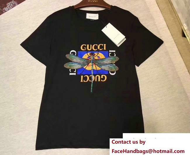 Gucci Dragonfly And Butterfly Logo Print T-Shirt Black 2017