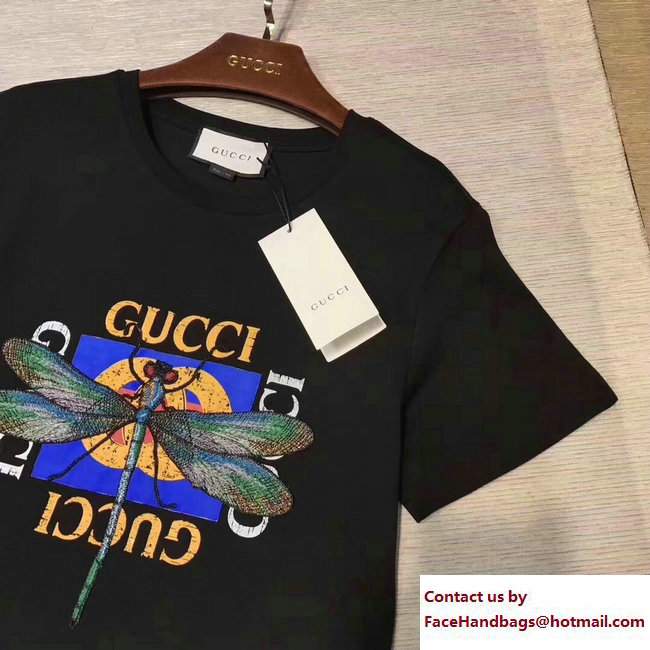 Gucci Dragonfly And Butterfly Logo Print T-Shirt Black 2017 - Click Image to Close
