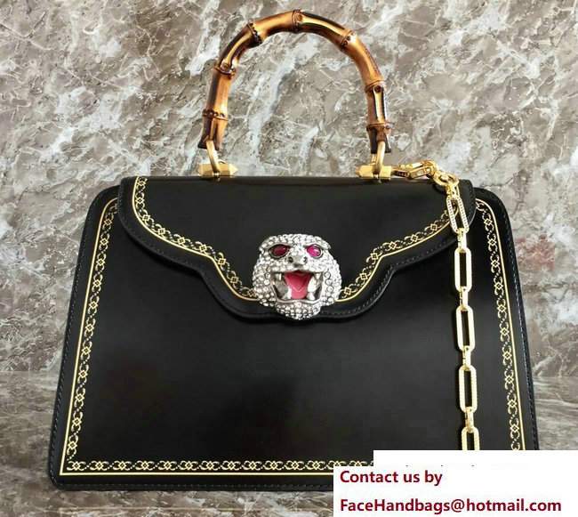 Gucci Frame Print Glossy Leather Top Handle Bag 495881 Black 2017 - Click Image to Close