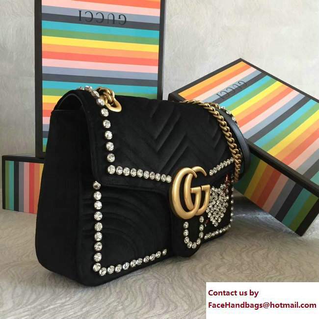 Gucci GG Marmont Crystals Heart Velvet Chevron Medium Shoulder Bag 443496 Black 2018