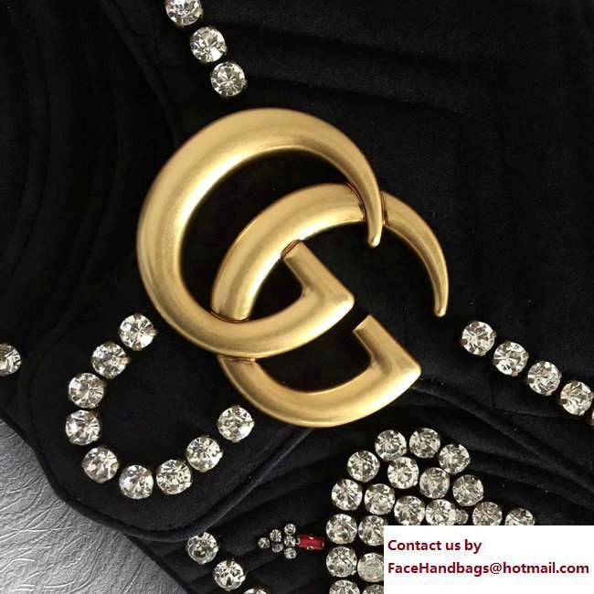 Gucci GG Marmont Crystals Heart Velvet Chevron Medium Shoulder Bag 443496 Black 2018 - Click Image to Close