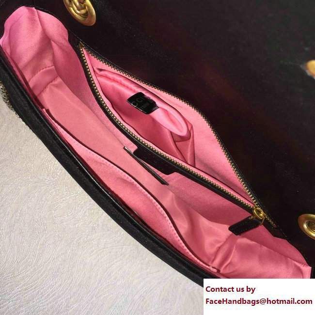 Gucci GG Marmont Crystals Heart Velvet Chevron Medium Shoulder Bag 443496 Black 2018 - Click Image to Close