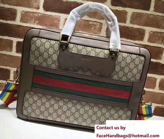 Gucci GG Supreme Briefcase Bag With Web 484663 Brown 2017 - Click Image to Close