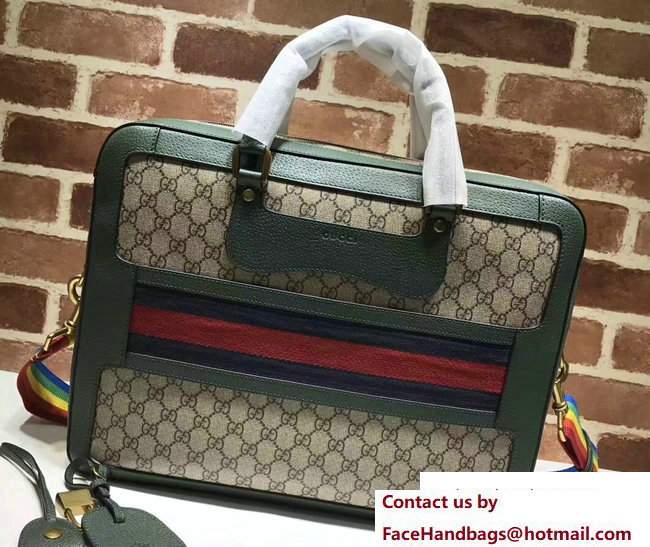 Gucci GG Supreme Briefcase Bag With Web 484663 Green 2017 - Click Image to Close
