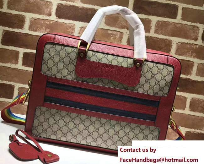 Gucci GG Supreme Briefcase Bag With Web 484663 Red 2017 - Click Image to Close